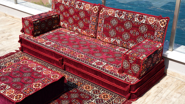 Maroon Afghan Heritage pattern single Arabic floor sofa set, photo 10 of 17