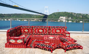 4" Dicke Rotes L-förmiges Bodenset, Arabisches Sofa, Bodenkissen, Eckbodenset, Modulsofa