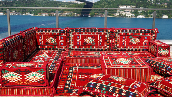 4" Dicke Rotes L-förmiges Bodenset, Arabisches Sofa, Bodenkissen, Eckbodenset, Modulsofa