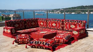4" Dicke Rotes L-förmiges Bodenset, Arabisches Sofa, Bodenkissen, Eckbodenset, Modulsofa
