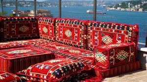4" Dicke Rotes L-förmiges Bodenset, Arabisches Sofa, Bodenkissen, Eckbodenset, Modulsofa