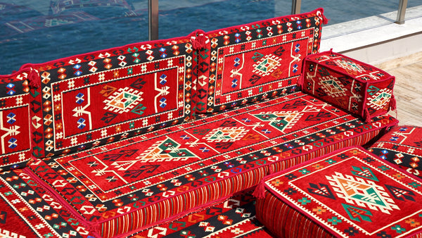 4" Dicke Rotes L-förmiges Bodenset, Arabisches Sofa, Bodenkissen, Eckbodenset, Modulsofa