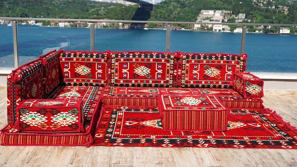 4" Dicke Rotes L-förmiges Bodenset, Arabisches Sofa, Bodenkissen, Eckbodenset, Modulsofa
