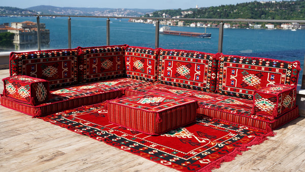 4" Dicke Rotes L-förmiges Bodenset, Arabisches Sofa, Bodenkissen, Eckbodenset, Modulsofa