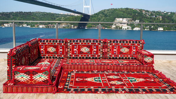 4" Dicke Rotes L-förmiges Bodenset, Arabisches Sofa, Bodenkissen, Eckbodenset, Modulsofa