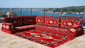 4" Dicke Rotes L-förmiges Bodenset, Arabisches Sofa, Bodenkissen, Eckbodenset, Modulsofa