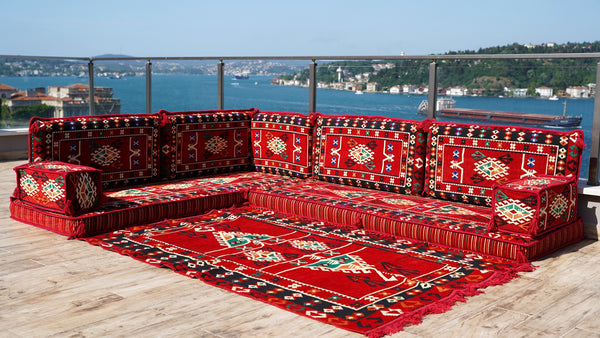 4" Dicke Rotes L-förmiges Bodenset, Arabisches Sofa, Bodenkissen, Eckbodenset, Modulsofa