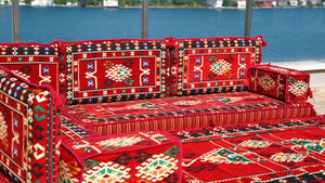 4" Dicke Rotes L-förmiges Bodenset, Arabisches Sofa, Bodenkissen, Eckbodenset, Modulsofa