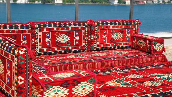 4" Dicke Rotes L-förmiges Bodenset, Arabisches Sofa, Bodenkissen, Eckbodenset, Modulsofa