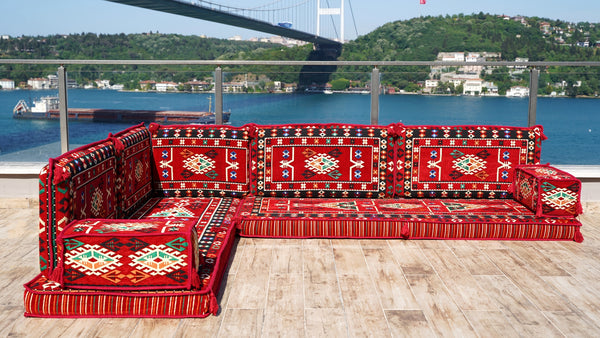 4" Dicke Rotes L-förmiges Bodenset, Arabisches Sofa, Bodenkissen, Eckbodenset, Modulsofa