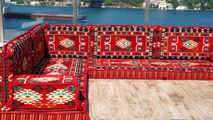 4" Dicke Rotes L-förmiges Bodenset, Arabisches Sofa, Bodenkissen, Eckbodenset, Modulsofa