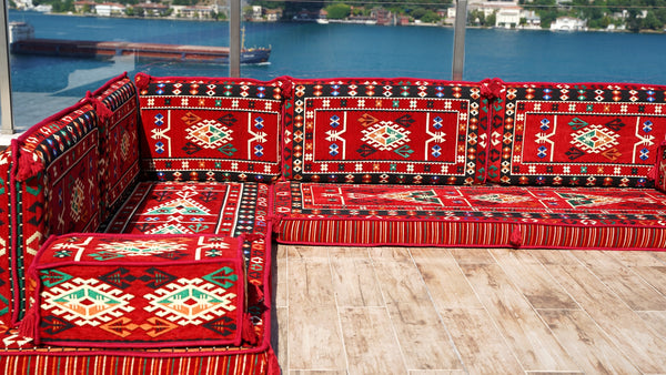 4" Dicke Rotes L-förmiges Bodenset, Arabisches Sofa, Bodenkissen, Eckbodenset, Modulsofa