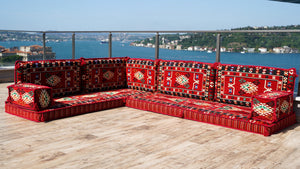 4" Dicke Rotes L-förmiges Bodenset, Arabisches Sofa, Bodenkissen, Eckbodenset, Modulsofa
