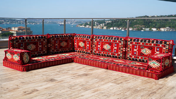 4" Dicke Rotes L-förmiges Bodenset, Arabisches Sofa, Bodenkissen, Eckbodenset, Modulsofa