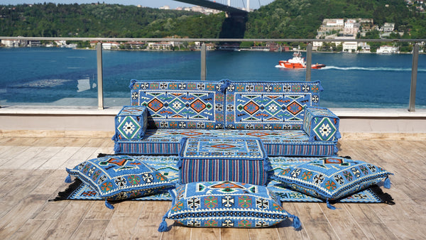 8 Zoll dickes Sofa-Set, Bodensofas, blaues arabisches Bodensofa, Palettensofa, Bodenkissen, Ecksofa, arabisches Majlis