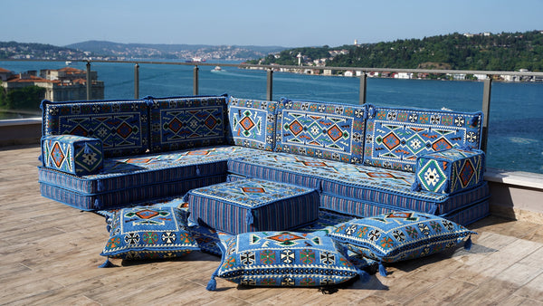 Blue 4" Thick Corner Floor Seating Set, Pallet Cushion Set, Modular Design Floor Cushion, Garden Sofa Set, Indoor Sofa Set