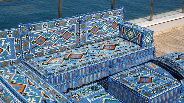 Blue 4" Thick Corner Floor Seating Set, Pallet Cushion Set, Modular Design Floor Cushion, Garden Sofa Set, Indoor Sofa Set