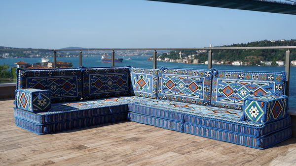 Blue 4" Thick Corner Floor Seating Set, Pallet Cushion Set, Modular Design Floor Cushion, Garden Sofa Set, Indoor Sofa Set