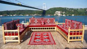 Red Wooden Bench Sofa Sets, Outdoor Furniture, Moroccan Bench Cushion, Yemeni Majlis, Patio Benches, Arabic Seating Jalsah, Garden Sofa Set, Handmade Wooden Bench, Arabic Sofa