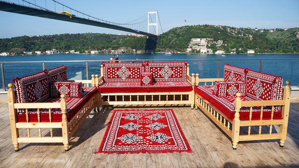 Red Wooden Bench Sofa Sets, Outdoor Furniture, Moroccan Bench Cushion, Yemeni Majlis, Patio Benches, Arabic Seating Jalsah, Garden Sofa Set, Handmade Wooden Bench, Arabic Sofa