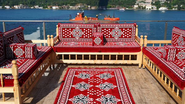 Red Wooden Bench Sofa Sets, Outdoor Furniture, Moroccan Bench Cushion, Yemeni Majlis, Patio Benches, Arabic Seating Jalsah, Garden Sofa Set, Handmade Wooden Bench, Arabic Sofa