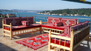 Red Wooden Bench Sofa Sets, Outdoor Furniture, Moroccan Bench Cushion, Yemeni Majlis, Patio Benches, Arabic Seating Jalsah, Garden Sofa Set, Handmade Wooden Bench, Arabic Sofa