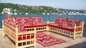 Red Wooden Bench Sofa Sets, Outdoor Furniture, Moroccan Bench Cushion, Yemeni Majlis, Patio Benches, Arabic Seating Jalsah, Garden Sofa Set, Handmade Wooden Bench, Arabic Sofa