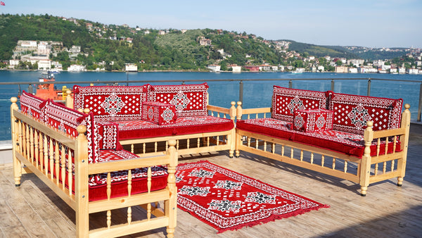 Red Wooden Bench Sofa Sets, Outdoor Furniture, Moroccan Bench Cushion, Yemeni Majlis, Patio Benches, Arabic Seating Jalsah, Garden Sofa Set, Handmade Wooden Bench, Arabic Sofa