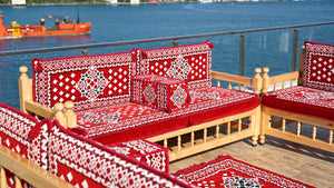 Red Wooden Bench Sofa Sets, Outdoor Furniture, Moroccan Bench Cushion, Yemeni Majlis, Patio Benches, Arabic Seating Jalsah, Garden Sofa Set, Handmade Wooden Bench, Arabic Sofa