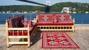 Red Wooden Bench Sofa Sets, Outdoor Furniture, Moroccan Bench Cushion, Yemeni Majlis, Patio Benches, Arabic Seating Jalsah, Garden Sofa Set, Handmade Wooden Bench, Arabic Sofa