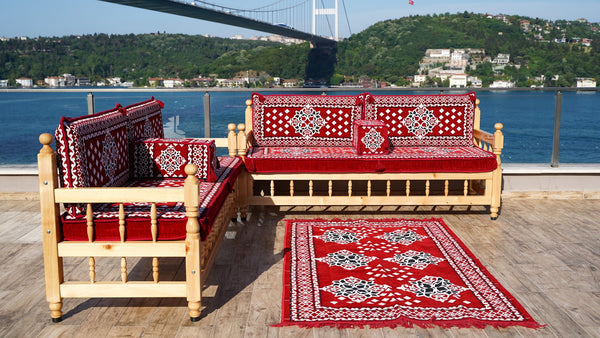 Red Wooden Bench Sofa Sets, Outdoor Furniture, Moroccan Bench Cushion, Yemeni Majlis, Patio Benches, Arabic Seating Jalsah, Garden Sofa Set, Handmade Wooden Bench, Arabic Sofa