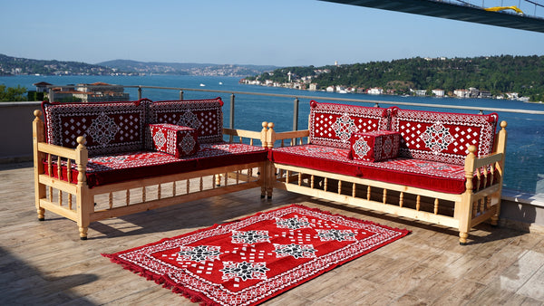 Red Wooden Bench Sofa Sets, Outdoor Furniture, Moroccan Bench Cushion, Yemeni Majlis, Patio Benches, Arabic Seating Jalsah, Garden Sofa Set, Handmade Wooden Bench, Arabic Sofa