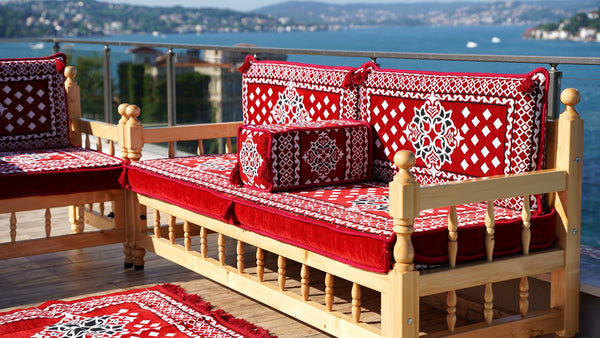Red Wooden Bench Sofa Sets, Outdoor Furniture, Moroccan Bench Cushion, Yemeni Majlis, Patio Benches, Arabic Seating Jalsah, Garden Sofa Set, Handmade Wooden Bench, Arabic Sofa