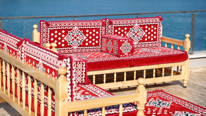 Red Wooden Bench Sofa Sets, Outdoor Furniture, Moroccan Bench Cushion, Yemeni Majlis, Patio Benches, Arabic Seating Jalsah, Garden Sofa Set, Handmade Wooden Bench, Arabic Sofa