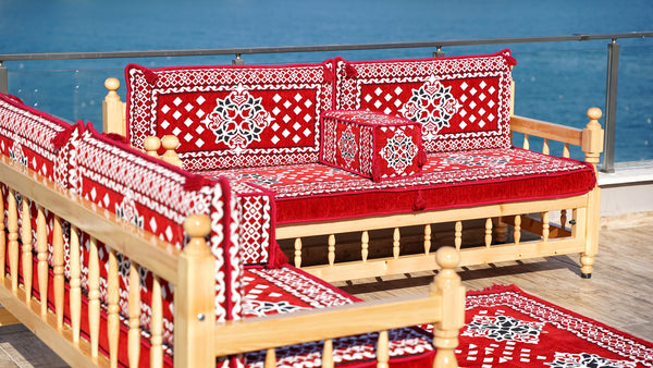 Red Wooden Bench Sofa Sets, Outdoor Furniture, Moroccan Bench Cushion, Yemeni Majlis, Patio Benches, Arabic Seating Jalsah, Garden Sofa Set, Handmade Wooden Bench, Arabic Sofa