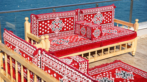 Red Wooden Bench Sofa Sets, Outdoor Furniture, Moroccan Bench Cushion, Yemeni Majlis, Patio Benches, Arabic Seating Jalsah, Garden Sofa Set, Handmade Wooden Bench, Arabic Sofa