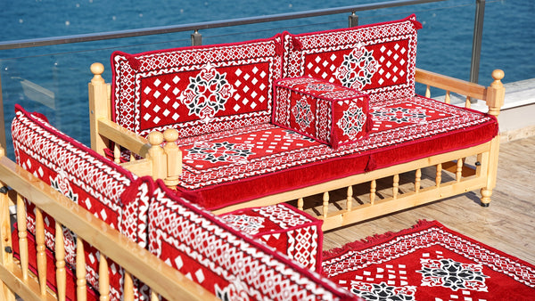 Red Wooden Bench Sofa Sets, Outdoor Furniture, Moroccan Bench Cushion, Yemeni Majlis, Patio Benches, Arabic Seating Jalsah, Garden Sofa Set, Handmade Wooden Bench, Arabic Sofa