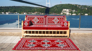 Red Wooden Bench Sofa Sets, Outdoor Furniture, Moroccan Bench Cushion, Yemeni Majlis, Patio Benches, Arabic Seating Jalsah, Garden Sofa Set, Handmade Wooden Bench, Arabic Sofa