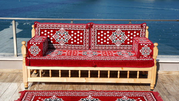 Red Wooden Bench Sofa Sets, Outdoor Furniture, Moroccan Bench Cushion, Yemeni Majlis, Patio Benches, Arabic Seating Jalsah, Garden Sofa Set, Handmade Wooden Bench, Arabic Sofa