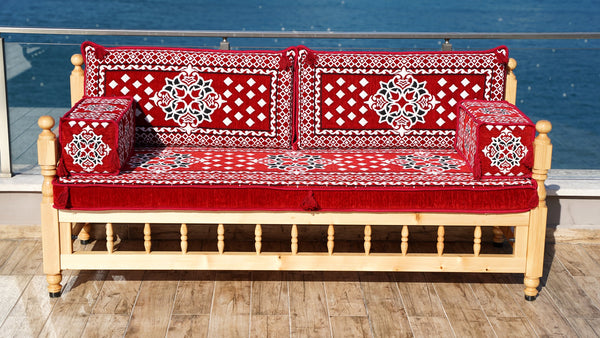 Red Wooden Bench Sofa Sets, Outdoor Furniture, Moroccan Bench Cushion, Yemeni Majlis, Patio Benches, Arabic Seating Jalsah, Garden Sofa Set, Handmade Wooden Bench, Arabic Sofa
