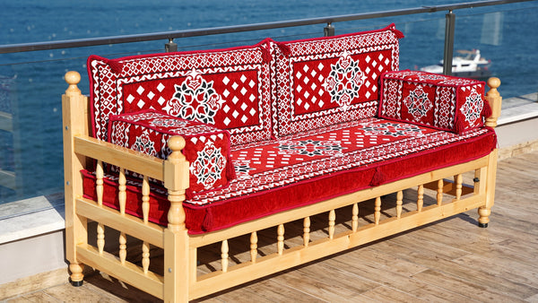 Red Wooden Bench Sofa Sets, Outdoor Furniture, Moroccan Bench Cushion, Yemeni Majlis, Patio Benches, Arabic Seating Jalsah, Garden Sofa Set, Handmade Wooden Bench, Arabic Sofa
