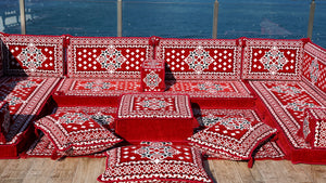 U-förmige arabische Bodensitzgelegenheiten, orientalische rote Bodenkissen, Ecksofa, marokkanische Wohnzimmerkissen