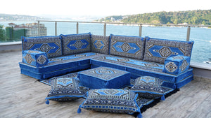 Blue Palace Elegance pattern L-shaped corner Arabic floor sofa set, photo 10 of 16