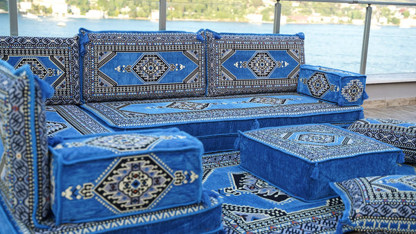 Blue Palace Elegance pattern L-shaped corner Arabic floor sofa set, photo 14 of 16