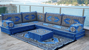 Blue Palace Elegance pattern L-shaped corner Arabic floor sofa set, photo 11 of 16