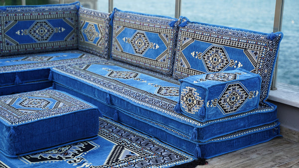 Blue Palace Elegance pattern L-shaped corner Arabic floor sofa set, photo 15 of 16