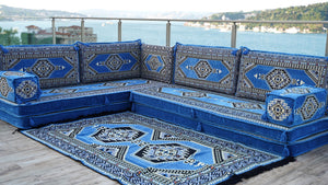Blue Palace Elegance pattern L-shaped corner Arabic floor sofa set, photo 12 of 16