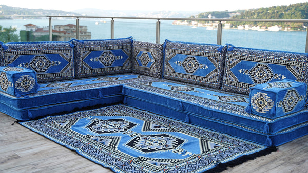 Blue Palace Elegance pattern L-shaped corner Arabic floor sofa set, photo 12 of 16