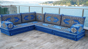 Blue Palace Elegance pattern L-shaped corner Arabic floor sofa set, photo 13 of 16