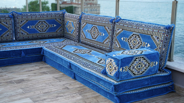 Blue Palace Elegance pattern L-shaped corner Arabic floor sofa set, photo 17 of 17
